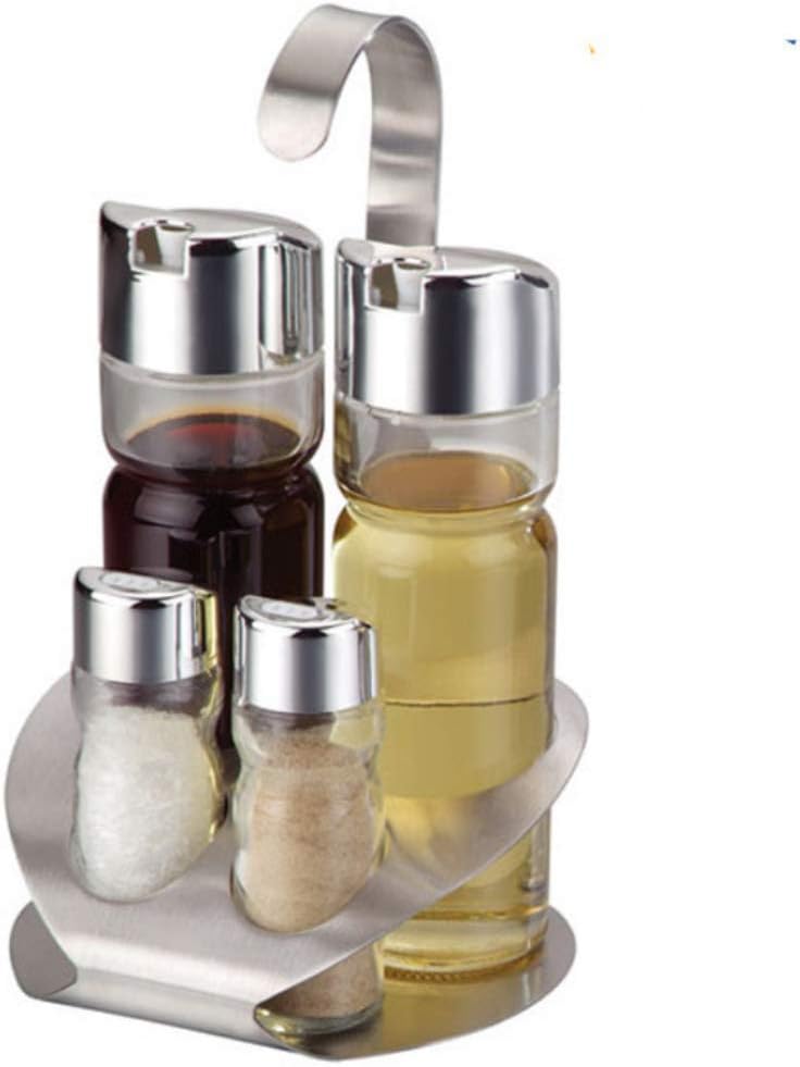 Cruet Set with stand-4or5-piece Stainless Steel Kitchen Spice Bottles Set-Salt and Pepper Shakers Oil and Vinegar Box Condiment Server Holder-Cooking Tools -4
