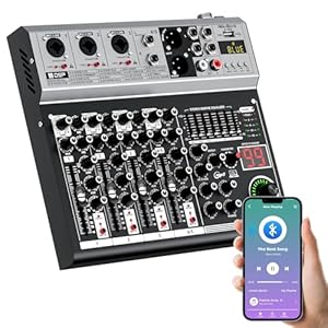 5 Channel DJ Audio Mixer Interface USB, NEW BAXS Audio Mixer Sound Board Mixing Console with Bluetooth MP3 Computer Input +48V Phantom Power Mixer Audio For Karaoke Dj Mixer Stage Streaming Studio