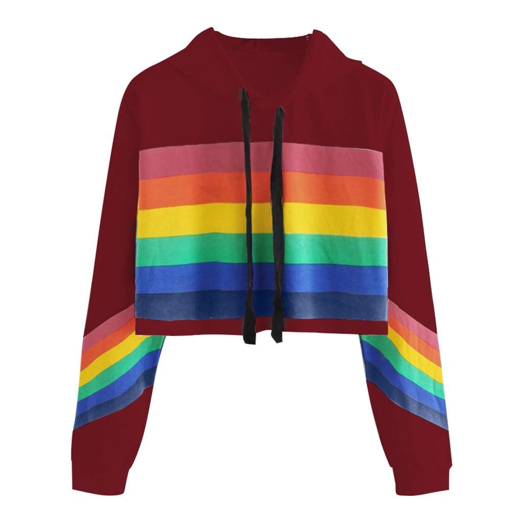 Gemira Women's Long Sleeve Crop Tops Long Sleeve Rainbow Print Graphic Hooded Workout Cropped Hoodie Pullover Sweatshirt