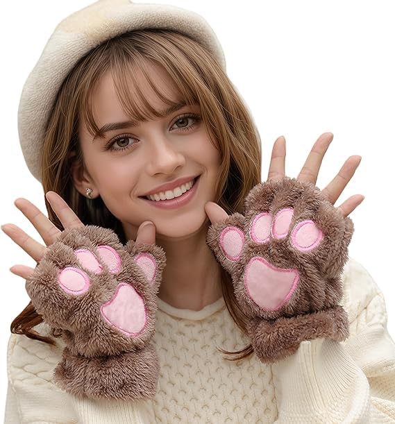 Neglance Bear Paws Gloves Cute Animal Cat Claws Mitten Fingerless touchscreen Women Men Typing Outdoors Stage Custome Cosplay (Light Brown)