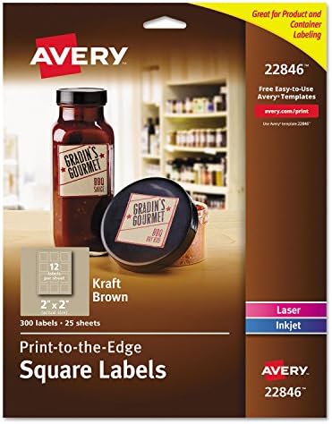 Avery Printable Blank Square Labels, 2" x 2", Kraft Brown, 300 Customizable Labels (22846)