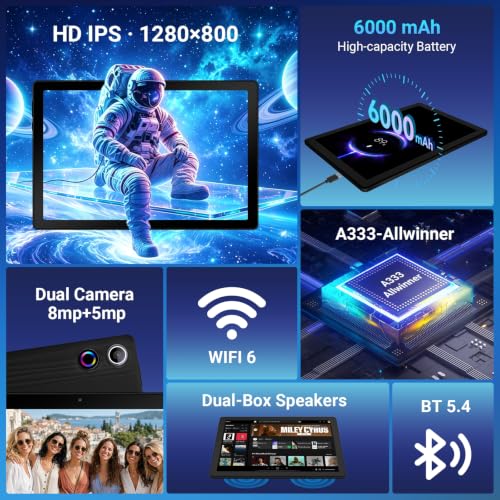 Image of Android 16 Tablet 10 Inch, 24GB RAM 64GB ROM 1TB, Octa-Core 1280x800HD IPS, Fast WiFi 6, BT 5.4, 6000mAh Battery, Dual Cameras, GMS, Electronics Tablets with Keyboard for Kids & Adults, Black