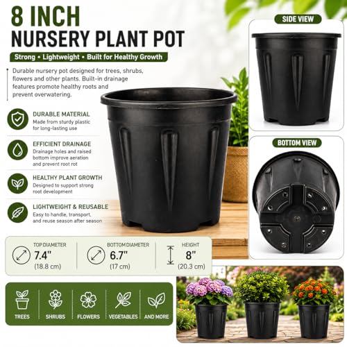 Image of 8 Inch Nursery Pots, 15 Packs Variety Plastic Pots with Drainage Hole, Plant Containers for Seedlings, Succulents, Transplanting (8 Inch, Black-Round) (Black - Round)