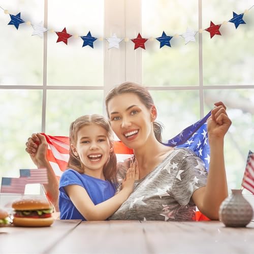 Image of 4th of July Star Mantle Garland Wooden Rustic Star Banner Vintage Independence Day Beads Garland Farmhouse 4th of July Decorations Hanging Celebration Decoration for Home Party Supplies