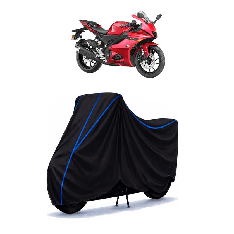 Image of YZF R15 S BS6 Bike Cover Water Resistant Universal Motorcycle Rain | Heavy Duty UV Protection, Dust, Scratch Indoor Outdoor All Weather with Black Blue Piping Elastic