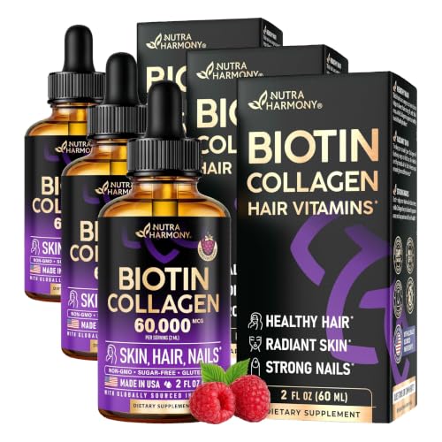 NUTRAHARMONY Liquid Biotin & Collagen 60,000mcg - Biotin for Hair Growth Support - 2 Oz (Pack of 3) 2 Fl Oz (Pack of 3)