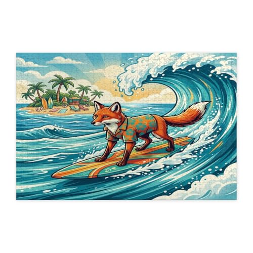 Rompecabezas de 1000 piezas para adultos con diseño de zorro surfero en madera