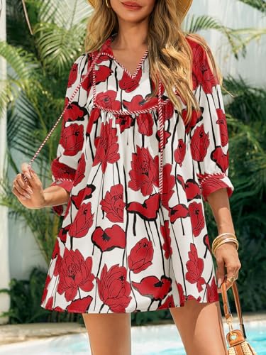 Image of Cicy Bell Womens Floral Mini Dresses 3 /4 Balloon Sleeve V Neck Flowy Babydoll Dress Summer Beach Vacation Boho Outfits