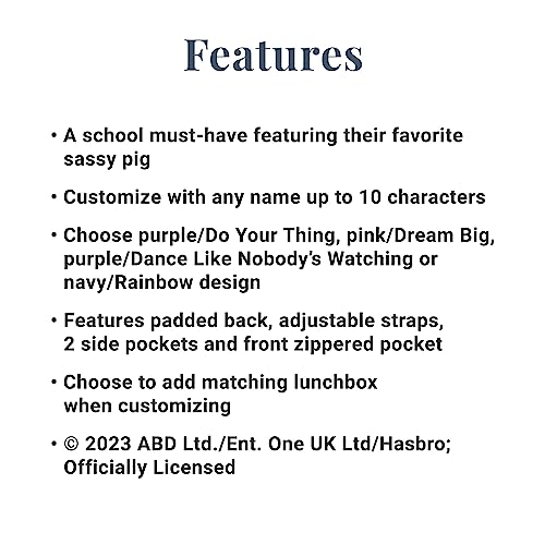 Let's Make Memories Kids Backpack for School - Personalized - Peppa Pig Bookbag with Optional Lunch Box - Purple - Dance3