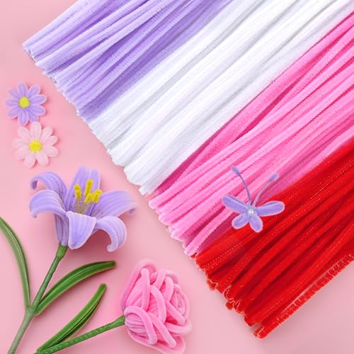 Caydo 200 Pieces Pink Pipe Cleaners 6 mm x 12 inch Creative Crafts Decorations in 4 Colors for Mothers Day Decorations (Red Pink White Purple)