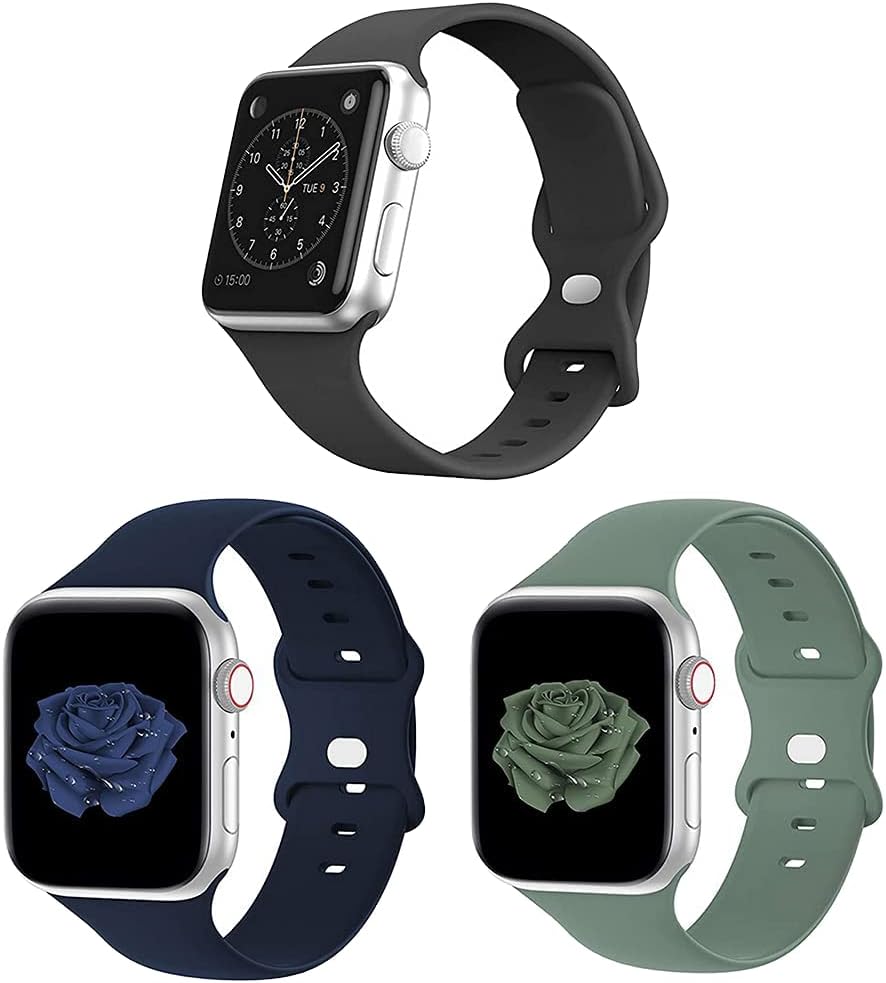 MORTREESport Bands Compatible iWatch Band 38mm 40mm 42mm 44mm,3-Pack Soft Silicone Bands Wristbands Replacement Strap Compatible for Iwatch SE Series 6 5 4 3 2 1 All Models (Black/Blue/Green 42/44mm)