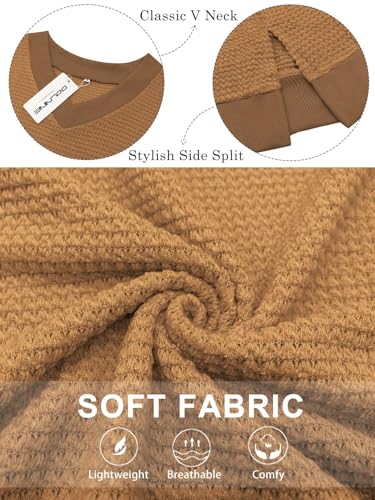 Image of DOLNINE Plus-Size-Tops for Women Casual V Neck Pullover Cute Waffle Knit Lantern Sleeve Sweaters Fashion Side Split Tunics