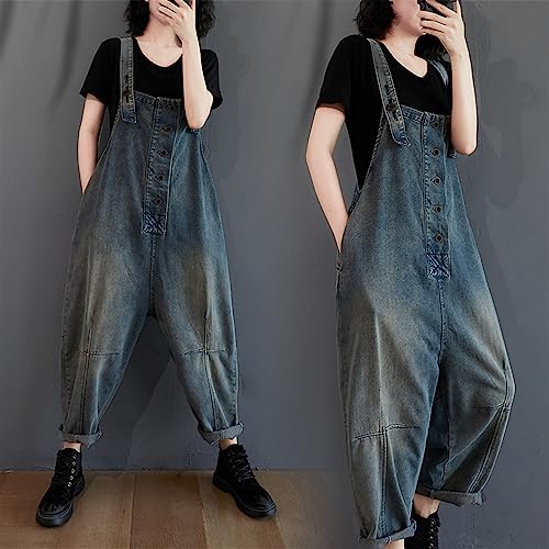 Nostalgic Denim Casual Strappy Pants high Waist Pants Fashionable and Versatile Personality Loose Large Yards Turnip Pants (Color : Blue, Size : X-Large)2