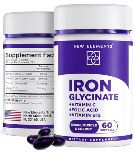 Iron Supplement for Women & Men | Iron Glycinate 50mg + Vitamin C Folic Acid 1000mcg Vitamin B12 | Anemia Relief Energy Boost & Immune Support | Gentle on Stomach Fast Absorption | 60 Softgels