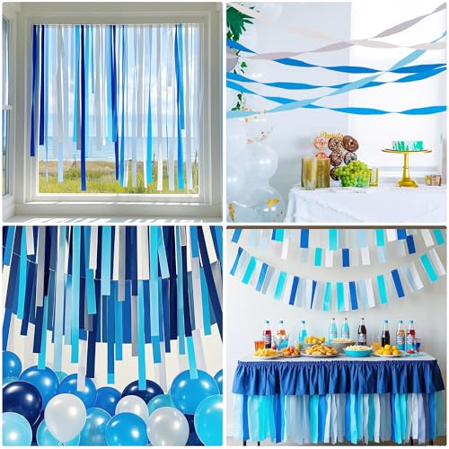 Image of Blue Silver White Crepe Paper Streamers, 6 Rolls, 738 Ft