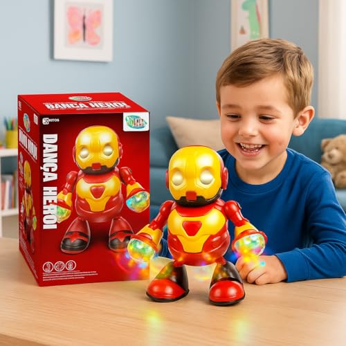 Robô Dançarino Super Herói Musical – Brinquedo Infantil Interativo com Luzes LED + Música + Movimento 360° – Presente Divertido para Crianças a Partir de 3 anos