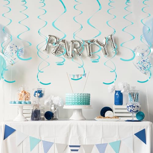 Image of 24 PCS Teal Hanging Swirl, Sparkle Ceiling Hanging Decorations, Plastic Streamer Party Decorations with Double-Swirls and Single-Swirls for Birthday Decorations, Graduation, Easter, Baby Shower