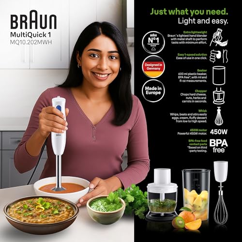 Image of Braun MultiQuick 1, Powerful 450W Hand Blender, Made in Europe, EasyTwist Technology, Lightweight, Stainless Steel Design, Dishwasher Safe, All-in-1: Blender, Grinder, Chopper & Whisker, MQ10.202M