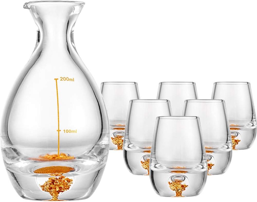 JIASHU Sake Set, Japanese Sake Glasses, Shochu Glass Tableware, Clear Unique Elegant Floating Design, with 1 Sake Carafe Bottle and 6Cups for Cold/Warm/Hot, Gift Set