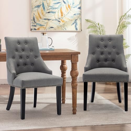 LSSBOUGHT Upholstered Tufted Fabric Dining Chairs Set of 2, Leisure Padded Dining Room Chairs with Black Solid Wooden Legs, Nailed Trim Living Room Chairs for Home Kitchen Bedroom, Grey