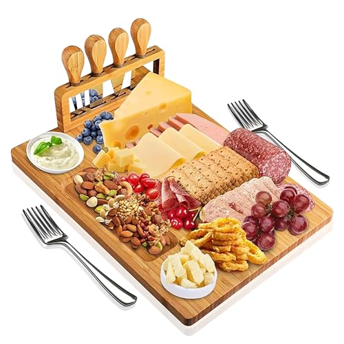 Everrise Bamboo Cheese Board Gift Set Charcuterie Serving Tray with Cutlery & Utensils Perfect for Entertaining Wine Nights Birthdays & Holidays