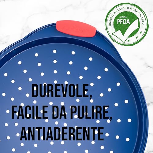 NutriChef Teglia per Pizza Antiaderente da 33 cm, Teglia Forno Rotonda in Acciaio al Carbonio con Fori Perforati con Manici in Silicone Antiscivolo, Lavabile in Lavastoviglie, Blu - immagine 5