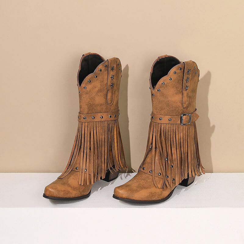Cowboy Boots for Women Cowgirl with Fringe Star Studded Pointed Toe Chunky Heel Pull-On Western Country Boot3