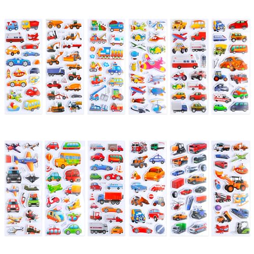 Tabanzhe 12 Sheets Car Theme Puffy Stickers,3D Cartoon Stickers,Teacher Reward Sticker DIY Decoration Decal with Cars Airplane Train Ambulance Fire Trucks and More