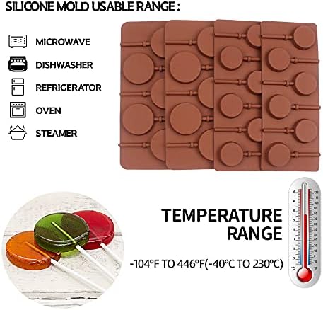 BAKER DEPOT Round Silicone Mold for Lollipop Hard Candy Chocolate Cake Decorating 24pcs reuseable Sticks Two Sizes, Set of 4
