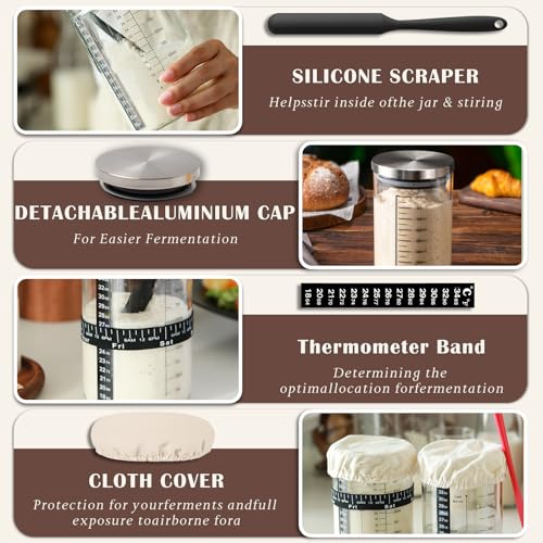 Tel Charme * Sauerteig Starter Jar Kit 1000ml Gärglas mit Spatel, Fermentierglas, Sauerteig Glas Jar, Sourdough Starter Kit, Anstellgut Glas Behälter, Reusable Brot Backen Zubehör