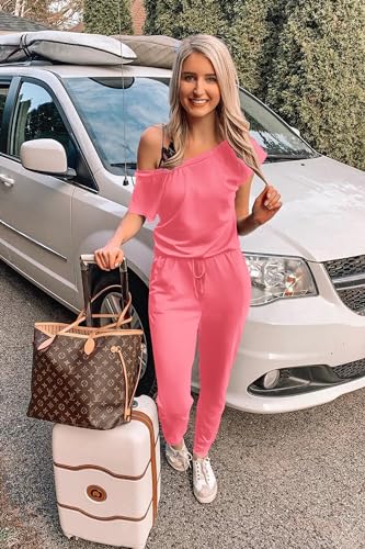 Image of PRETTYGARDEN Jumpsuits for Women Summer Off Shoulder Romper | Short Sleeve Drawstring Waist, Jogger Jumpers with Pockets, One Piece Spring Break Outfits, Vacation Travel Lounge Clothes