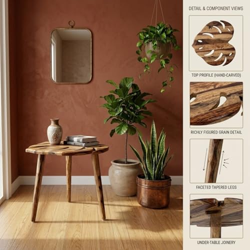 Image of Solid Sheesham Wood Leaf Shape Coffee Table | Modern Wooden Center Table for Living Room | Designer Tea Table | Small Side Table for Sofa Balcony Bedroom | Stylish Home Furniture | Natural Finish