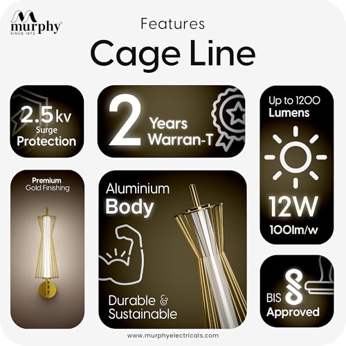 Image of Murphy Cage Line 12W Wall Lamp Pack of 1 | 3-in-1 Color Changing LED (Cool White /Warm White /Natural White) with 2-Year Warranty | Premium Golden Finish Decorative Light