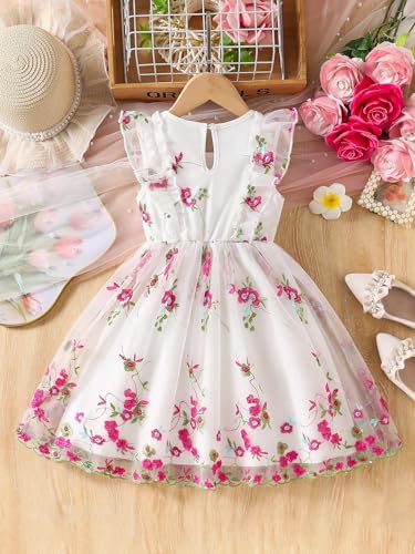 Image of Tagas Girls' Knee-Length Dress|Elegant Floral Embroidered Baby Girl Party Dress with Bow|Soft Net Layered Frock for Birthday, Wedding & Festive Occasions|Comfortable & Stylish