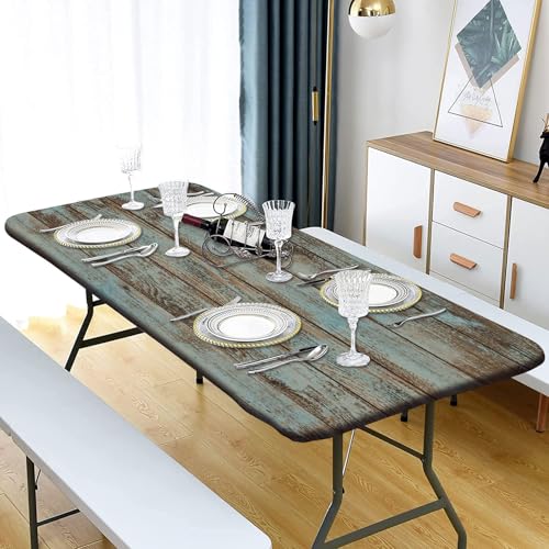 Grstplnk Vintage Wood Grain Fitted Tablecloth, Aged Blue Wood Rectangle Table Cover for 6 Foot Tables, Great for Outdoor Picnic Camping Parties, 72x30 in by Grstplnk - Used condition - Image 2