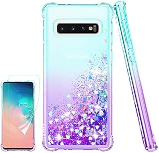 Compatible with Galaxy S10 Case [with Screen Protector] Clear Liquid Glitter Soft TPU Bumper Cover Anti-Scratch&Shockproof Transparent Girly Protective Phone Case for Samsung Galaxy S10,Teal/Purple