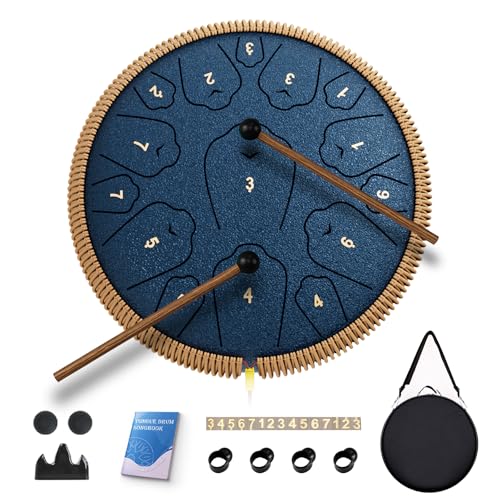 Image of Steel Tongue Drum, 13 Inch 15 Notes Tongue Drums, C Major 440 Hz Drum Percussion Instruments, Handpan Drums with Music Book, Drum Mallets and Carry Bag (Navy Blue)