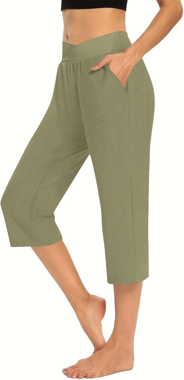 Women's V Cross Yoga Capris Pants High Waist Leggings Crossover Straight Leg Athletic Exercise Workout Crop Pant