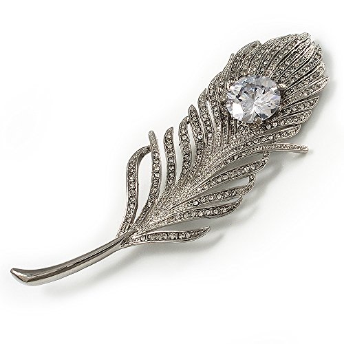 Preisvergleich Produktbild Große silberfarbene "Pfauenfeder" Brosche mit Swarovski-Kristallen (Transparent)