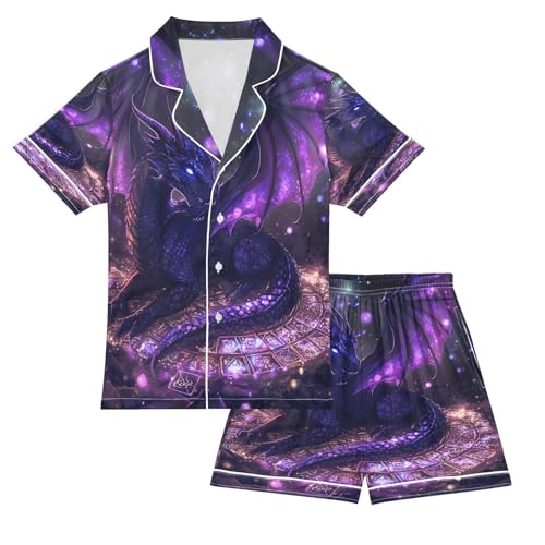 ALAZA Beautiful Animal Dragon Dot Satin Pajamas Set Short Sleeve Button Down Sleepwear Summer Pjs 2 Piece