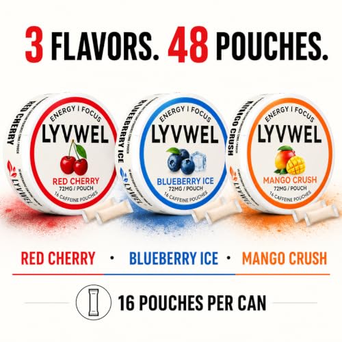 Image of LyvWel 72mg Caffeine Energy Pouches - Cherry Blast, Blueberry Ice, Mango Crush - Clean Energy with Guarana for Focus & Stamina - 3-Pack (48 Total Pouches)
