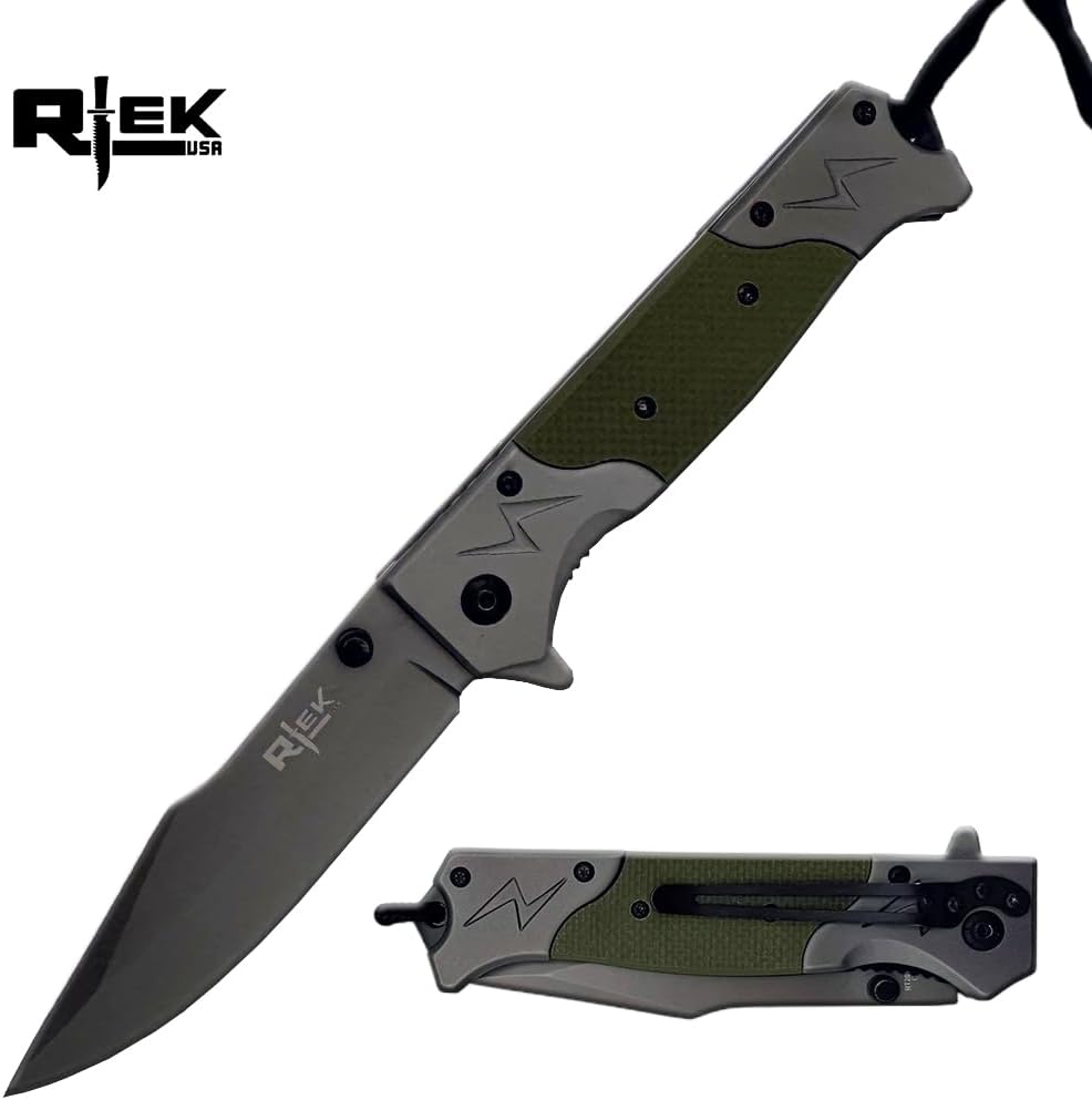 Rtek RT 2013 Lightning Bolt Folding Knife, 5 Inch, Assist Open with Glass Breaker, G-10 Handle, Spanish Wood (Green G-10)
