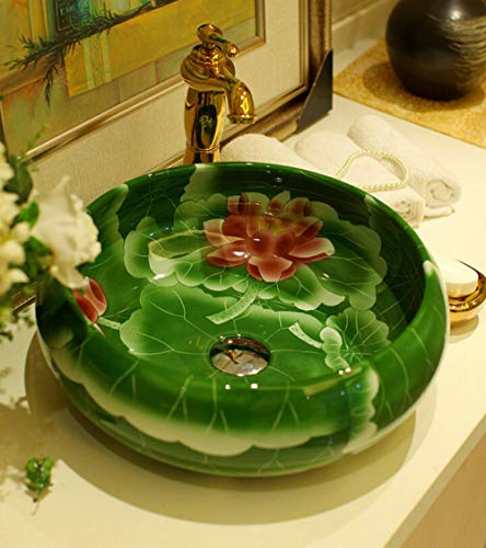 Fregadero de lavabo con pintura clásica de loto de porcelana, color verde
