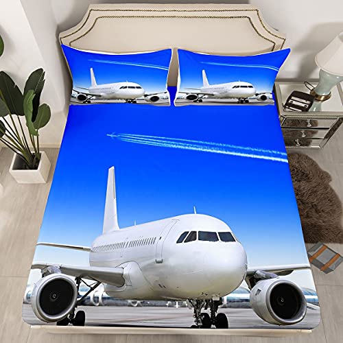 Kids Boys Airplane Bed Sheet Set Cute Sky Aviation Aircraft Runway Bedding Sheets for Girls Cartoon Aircraft Cloud Sky Bedding Fitted Sheet Cool Bed Cover 2Pcs Single Size