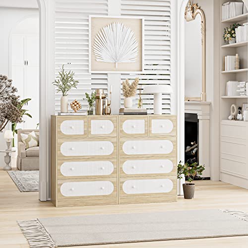 Fotosok 5 Drawer Dresser, Dressers For Bedroom With Rattan Surface, Floor Storage Cabinet Vertical Tall Chest Of Drawers For Living Room, Bedroom, Hallway - Light Oak+White #TOP1