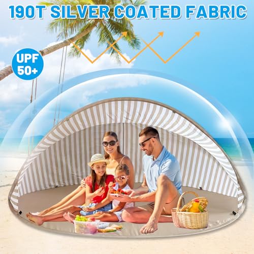 Strandmuschel Pop Up 3-4 Personen, Strandzelt Strand Zelt mit 50+ UV-Schutz, Tragbarer Automatisches Windschutz Wurfzelt mit Tragetasche und Heringe für Familie Camping Garten (Khaki)