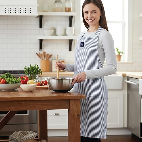 Image of Encasa XO 100% Cotton Apron Set for Women & Men with Adjustable Apron, Oven Gloves & Pot Holder (Pack of 3) Combo, Heat-Resistant, Soft & Durable for Cooking, Baking & Grilling (Ticking Navy Blue)
