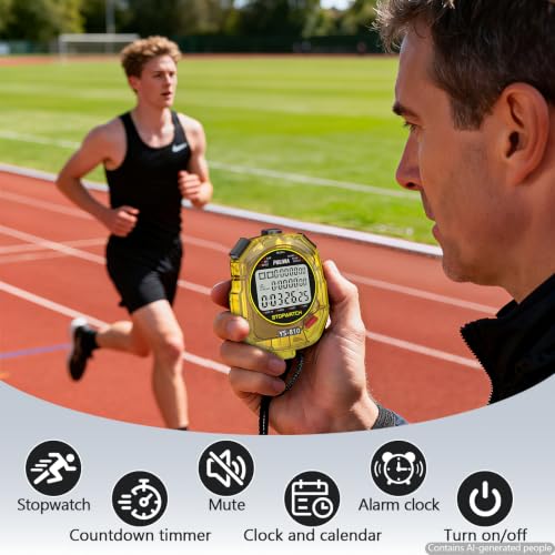 Image of Stopwatch Timer 10 Splits /Laps Digital Stop Watch for Sports, Countdown Alarm Clock Date Memory Recall Large Display, Stopwatch for Coaches PE-Teacher Referee (Yellow, 10 Splits /laps)