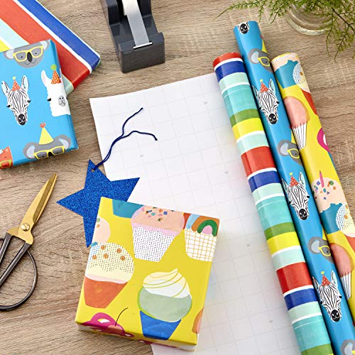 Hallmark Birthday Wrapping Paper Rolls for Kids for Graduation, Parties, Celebrations, All Occasion - Animals, Cupcakes & Colorful Stripes (Set of 3 Rolls: 55 sq. ft. ttl.) by Hallmark - Image 2