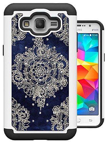 Grand Prime Case, MagicSky [Shock Absorption] Studded Rhinestone Bling Hybrid Dual Layer Armor Defender Protective Case Cover for Samsung Galaxy Grand Prime G5308 2015 (Flower)